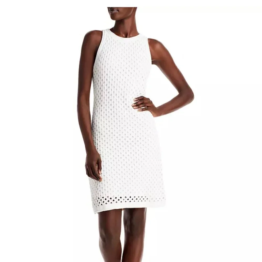 AQUA Crochet Tank Dress White Sleeveless Pullover Crewneck Size Small